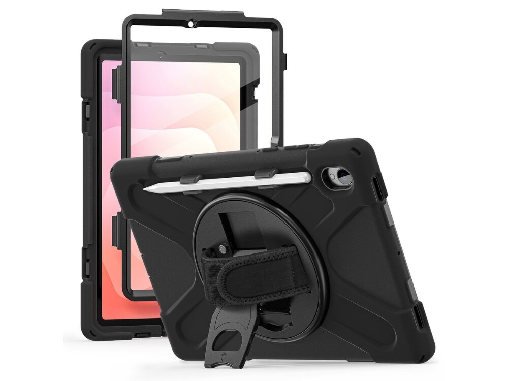 Etui 4SMARTS Rugged Case Grip
                grafika przedstawiająca etui w różnych ustawieniach zintegrowany uchwyt regulowany pasek obrotowa podstawka 360 ekran w pionie poziomie Prezentacja budowy etui na tablet z widocznym przednim panelem ochronnym oraz tyłem obudowy posiadającym funkcję podstawki i stabilizujący uchwyt na dłoń.