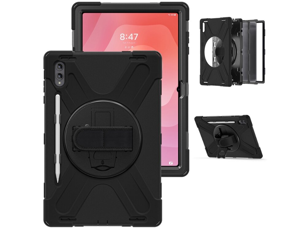 Etui 4SMARTS Rugged Case Grip
                tablet w różnych pozycjach na białym tle Czarny pokrowiec pancerny na tablet Samsung Galaxy Tab – widok z przodu, z tyłu z uchwytem na dłoń oraz schemat warstwowej budowy obudowy.