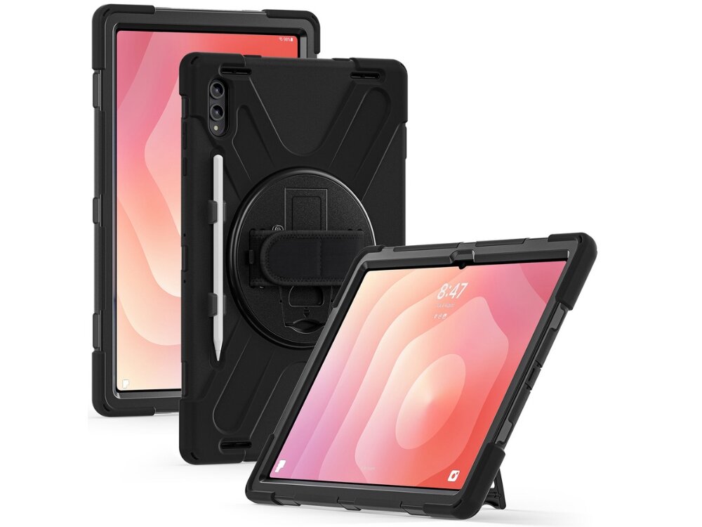 Etui 4SMARTS Rugged Case Grip
                tablet w różnych pozycjach na białym tle sztywna obudowa poliwęglan elastyczna warstwa tpu zabezpiecza urządzenie zamykane wycięcia na porty Pancerne etui ochronne na tablet z wbudowaną podstawką, obrotowym paskiem na rękę oraz uchwytem na rysik – widok pod różnymi kątami.