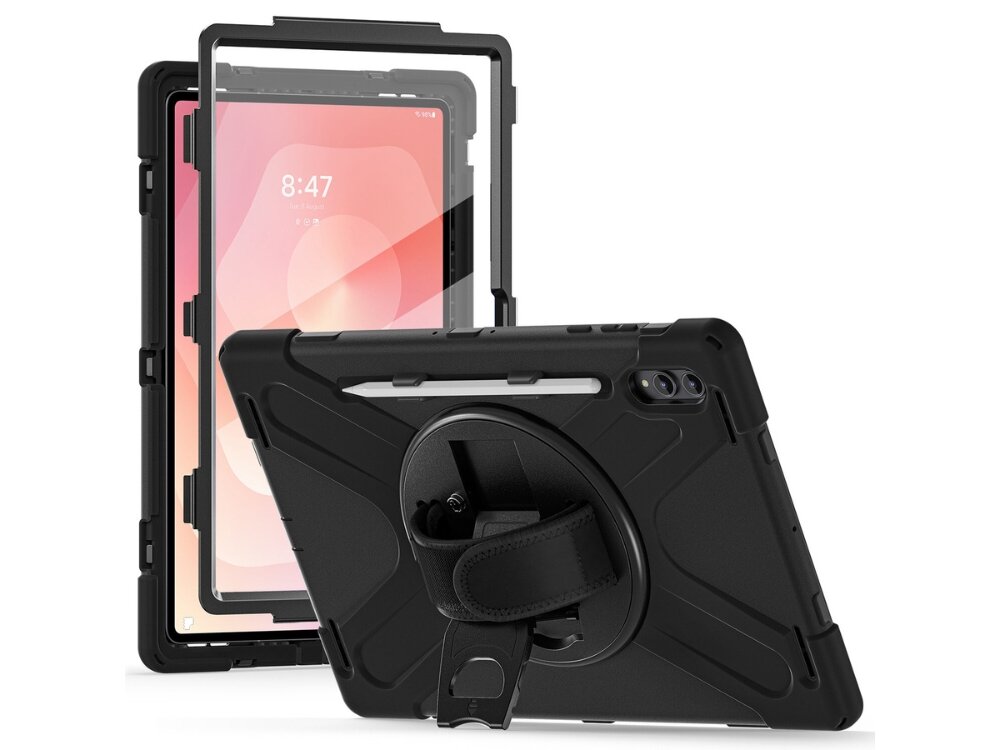 Etui 4SMARTS Rugged Case Grip
                tablet w różnych pozycjach na białym tle zintegrowany uchwyt regulowany pasek obrotowa podstawka 360 ekran w pionie poziomie Prezentacja montażu pancernego etui na tablet z widocznym przednim ramkowym zabezpieczeniem ekranu oraz tylną obudową z funkcją standu.