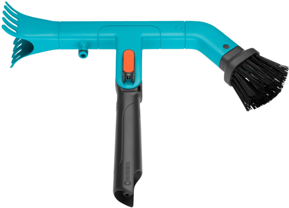 Przyrząd do czyszczenia rynien dachowych GARDENA Combisystem 3651-20 narzędzie na białym tle ujęcie pionowe usuwanie liści brudu zanieczyszczeń z rynien sprężyste włosie dwie solidne skrobaczki z wytrzymałego tworzywa sztucznego skuteczność czyszczenia