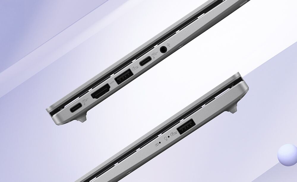 Obraz przedstawia dwa boki laptopa z widocznymi portami, w tym USB, HDMI, gniazdo słuchawkowe i USB-C. Tło jest w odcieniach fioletu i bieli.