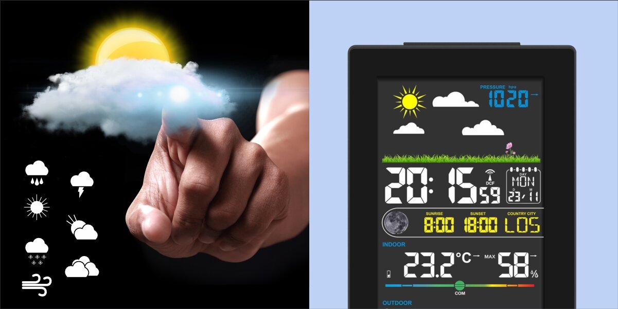 Stacja pogody HAMA Jamaica Czarny Prognoza pogody 
Stacja pogody Jamaica oferuje prognozę z 7 ikonami: od słonecznego dnia po silne opady śniegu. Każdy symbol zapewnia jasną i czytelną informację o nadchodzących warunkach atmosferycznych, dzięki czemu łatwo się przygotujesz na każdą pogodę.