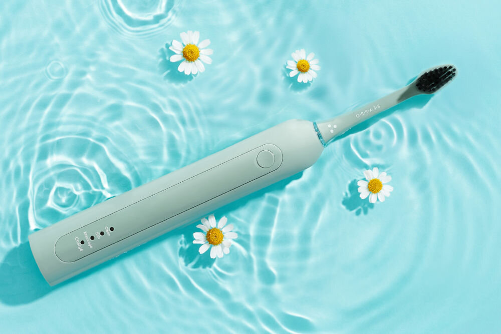 Szczoteczka soniczna SEYSSO Basic Color Aqua Grey elegancja praktyczność przydatne funkcje efektywna pielęgnacja jamy ustnej estetyczny wygląd praktyczna stylowa