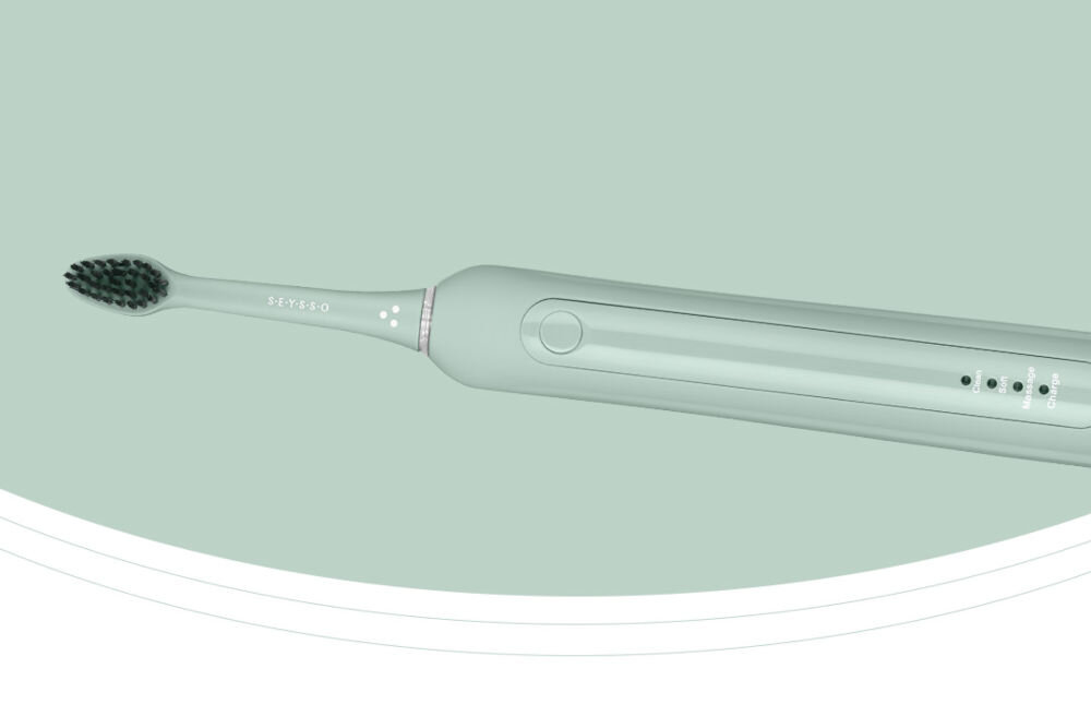 Szczoteczka soniczna SEYSSO Basic Color Aqua Grey funkcjonalny dwuminutowy timer 30 sekundowe interwały precyzyjne systematyczne szczotkowanie ułatwienie utrzymania prawidłowego czasu szczotkowania kluczowe dla efektywnej pielęgancji 