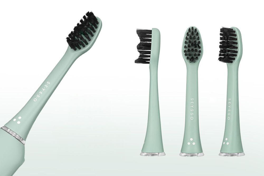 Szczoteczka soniczna SEYSSO Basic Color Aqua Grey końcówka szczoteczki średniej miękkości włókna skuteczne usuwanie codziennych osadów zaokrąglone zakończenia delikatność włókien do codziennego użytku komfort ochrona dziąseł skuteczna higiena jamy ustnej 