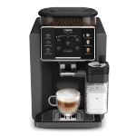 Ekspres do kawy z wyświetlaczem dotykowym i pojemnikiem na mleko, na którym stoi filiżanka z kawą. Na górze widoczny jest pojemnik na ziarna kawy z logo KRUPS.