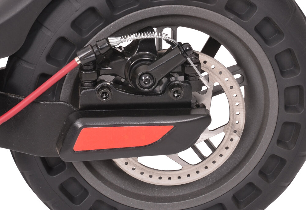 Hulajnoga elektryczna R.EVOLUTION R-EV42112 Czarny dwa rodzaje hamulcow przedni elektryczny tylny tarczowy mechaniczny duza sila hamowania skuteczne i bezpieczne hamowanie predkosciomierz kontrola predkosci