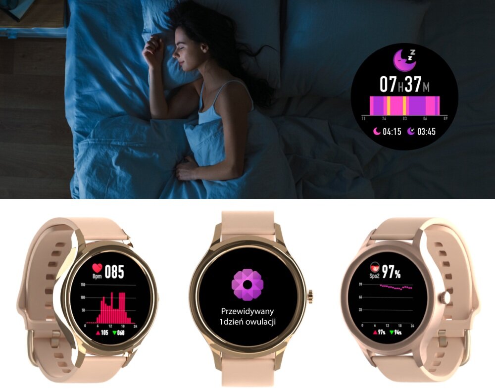 Smartwatch FOREVER Forevive 3 SB-340 ekran bateria czujniki zdrowie sport pasek ładowanie pojemność rozdzielczość łączność sterowanie krew puls rozmowy smartfon aplikacja