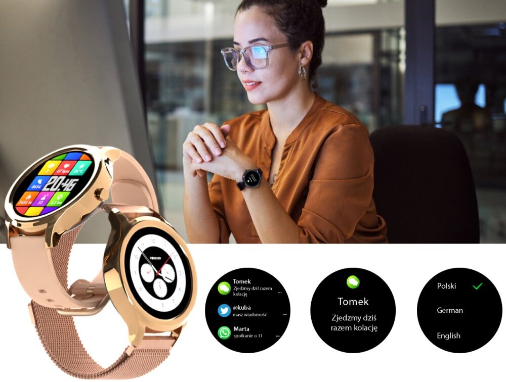 Smartwatch FOREVER Forevive 3 SB-340 ekran bateria czujniki zdrowie sport pasek ładowanie pojemność rozdzielczość łączność sterowanie krew puls rozmowy smartfon aplikacja