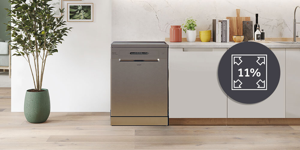 ZMYWARKA CANDY CF 3C7L1S lifestyle zabudowa kuchnia dekoracje roślina infografika pojemność 13 kompletów naczyń