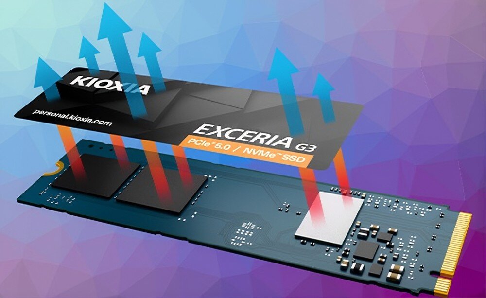 Dysk KIOXIA Exceria G3 Grafika przedstawiająca uniesioną etykietę nad dyskiem SSD, z której ulatują niebieskie strzałki, a od komponentów na płytce idą czerwone linie, chłodzenie, działanie, wydajność