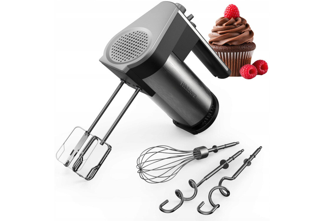 Na obrazie widoczny jest mikser z różnymi końcówkami do mieszania oraz babeczka z czekoladowym kremem i malinami. Na mikserze znajduje się napis \'WEBBER\'.