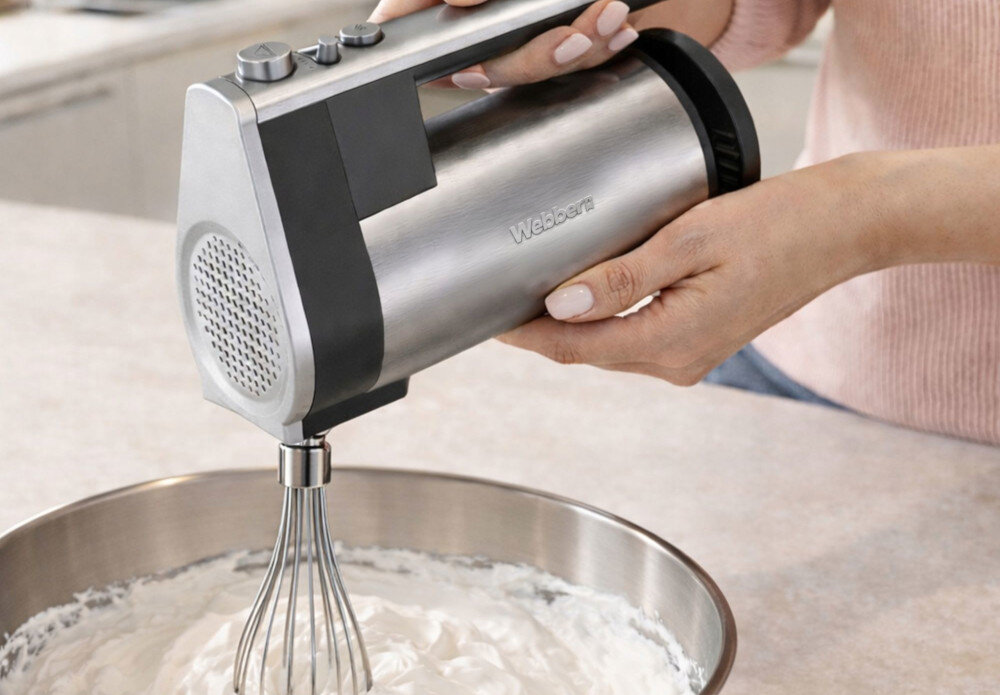 Osoba trzyma mikser ręczny ze stali nierdzewnej z logo \'Webber\', mieszający masę w metalowej misce. Mikser ma kilka przycisków na górze i końcówkę do ubijania.