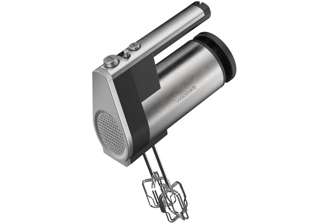 Na obrazie widoczny jest metaliczny mikser ręczny z dwoma przyciskami na górze i dwoma mieszadłami. Na obudowie znajduje się napis \'Webber\'.