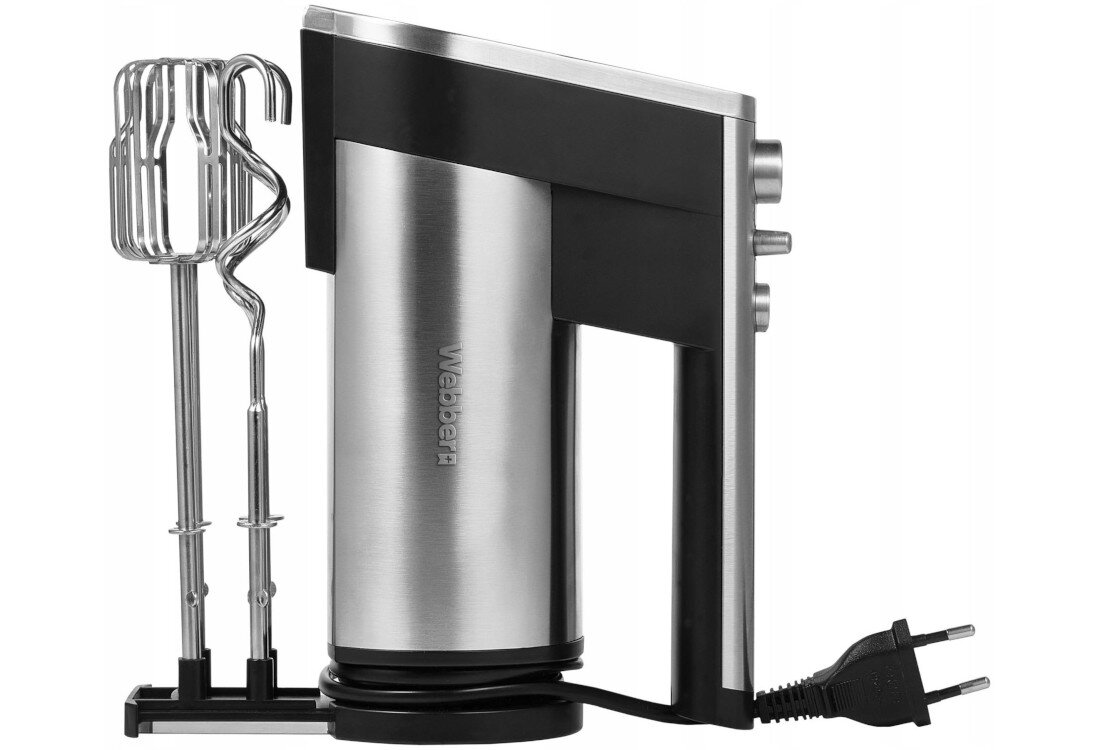 Na obrazie widoczny jest mikser ręczny w kolorze srebrnym z czarnymi elementami, z logo \'Webber\' na obudowie. Obok miksera znajdują się dwie końcówki do mieszania oraz przewód zasilający z wtyczką.