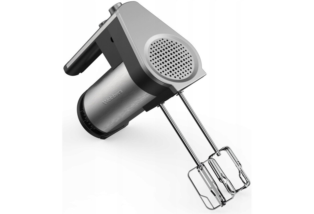 Na obrazie widoczny jest mikser ręczny z metalowymi mieszadłami i obudową w kolorze srebrnym. Na obudowie znajduje się napis \'Webber\'.