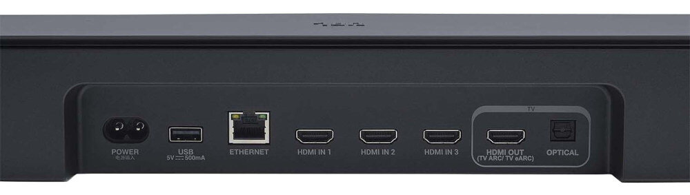 Tył soundbara z widocznymi portami: POWER, USB 5V/500mA, ETHERNET, HDMI IN 1, HDMI IN 2, HDMI IN 3, HDMI OUT (TV ARC/eARC), OPTICAL.