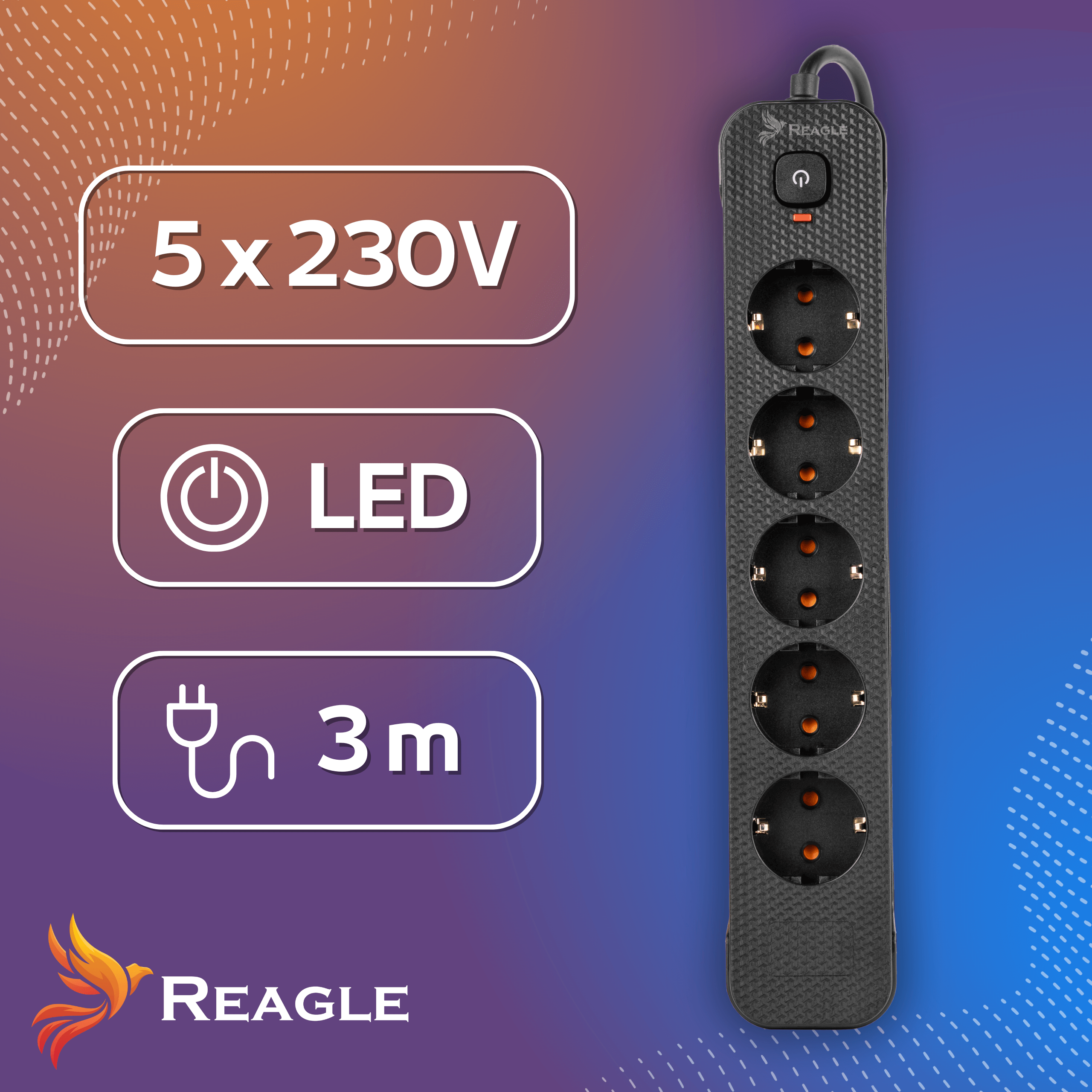 Obraz przedstawia listwę zasilającą z pięcioma gniazdami, przyciskiem zasilania i logo Reagle. Na tle widoczne są napisy: \'5 x 230V\', \'LED\', \'3m\'.