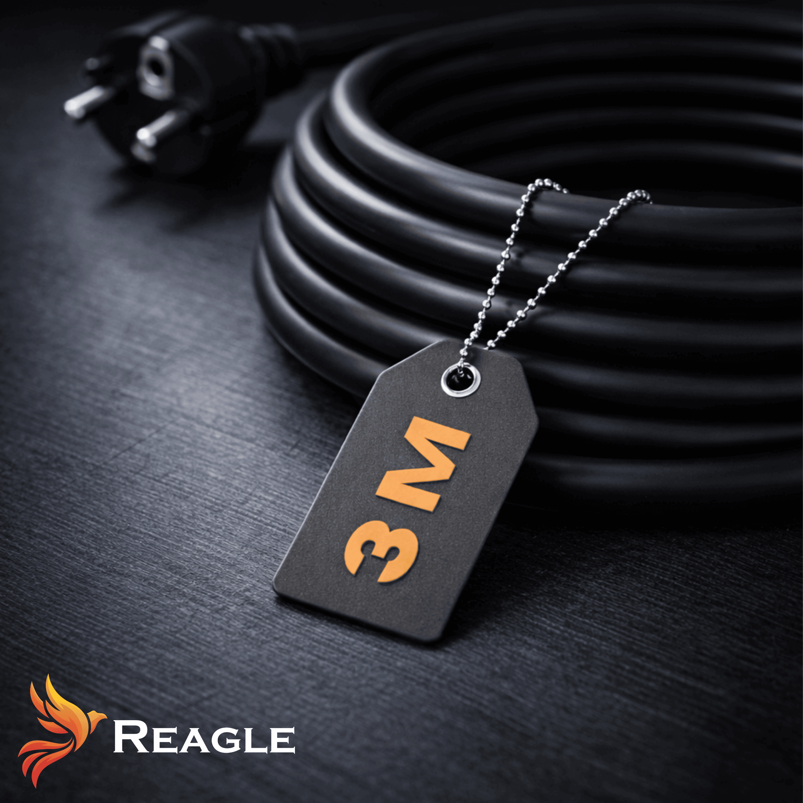 Czarny kabel z wtyczką, zwinięty w krąg, z przywieszką z napisem \'3M\'. W lewym dolnym rogu widoczne jest logo \'Reagle\'.