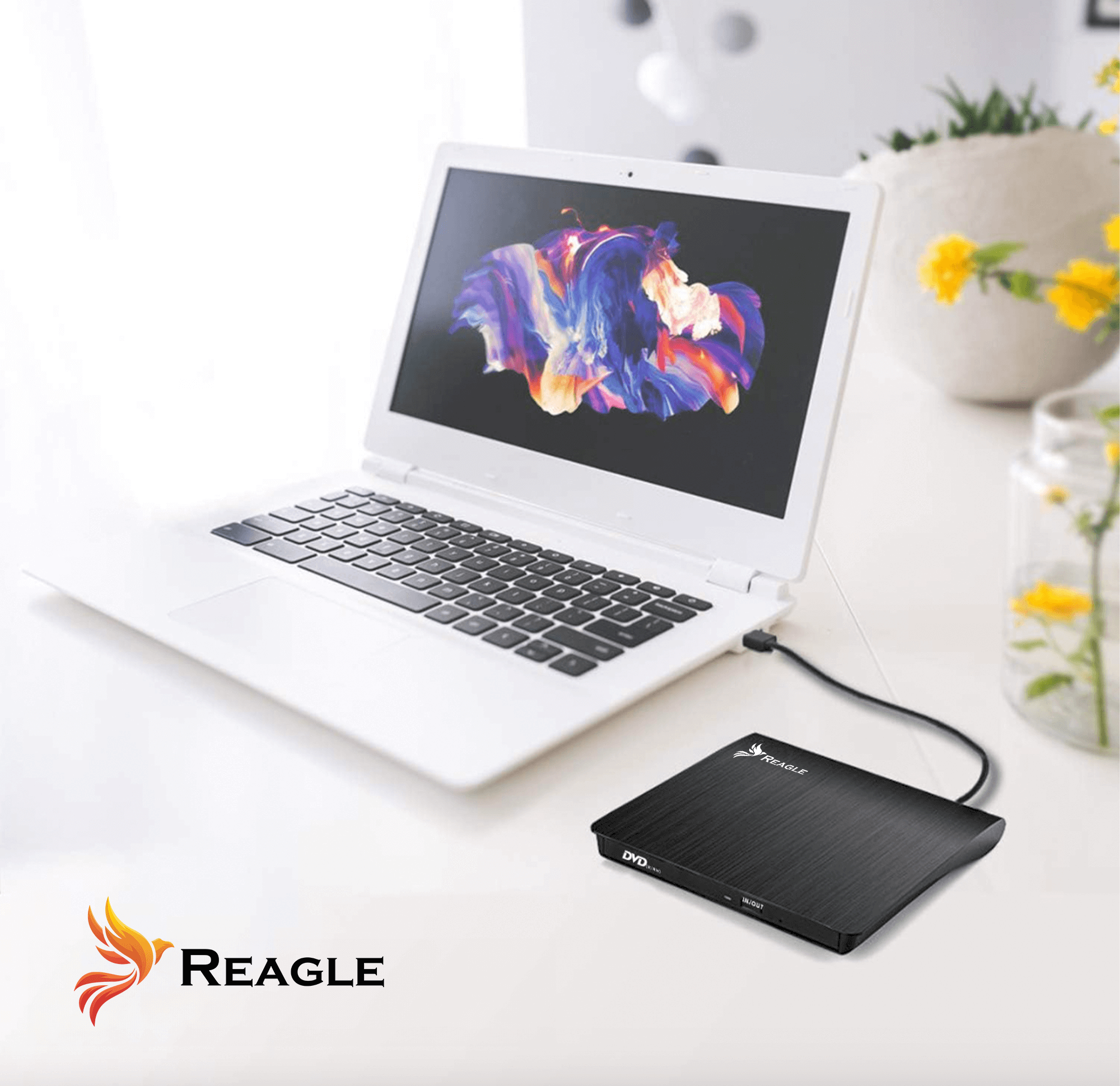 Na białym biurku stoi otwarty laptop z kolorową grafiką na ekranie, obok którego znajduje się czarny zewnętrzny napęd DVD podłączony kablem. W lewym dolnym rogu widoczne jest logo Reagle.