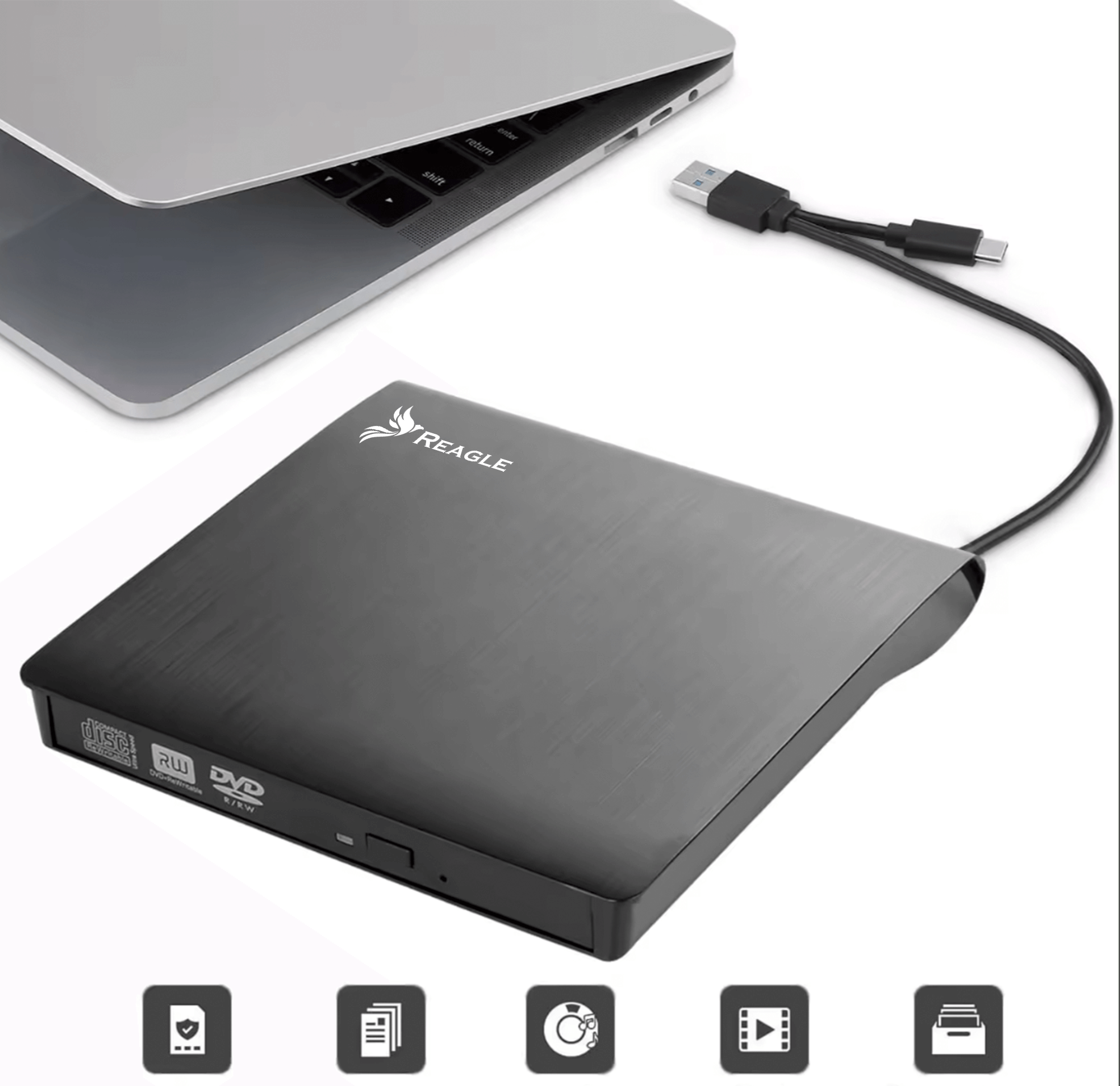 Na obrazie widoczny jest czarny zewnętrzny napęd optyczny z logo \'REAGLE\', podłączony do laptopa za pomocą kabla USB-C. W dolnej części obrazu znajdują się ikony symbolizujące różne funkcje napędu.