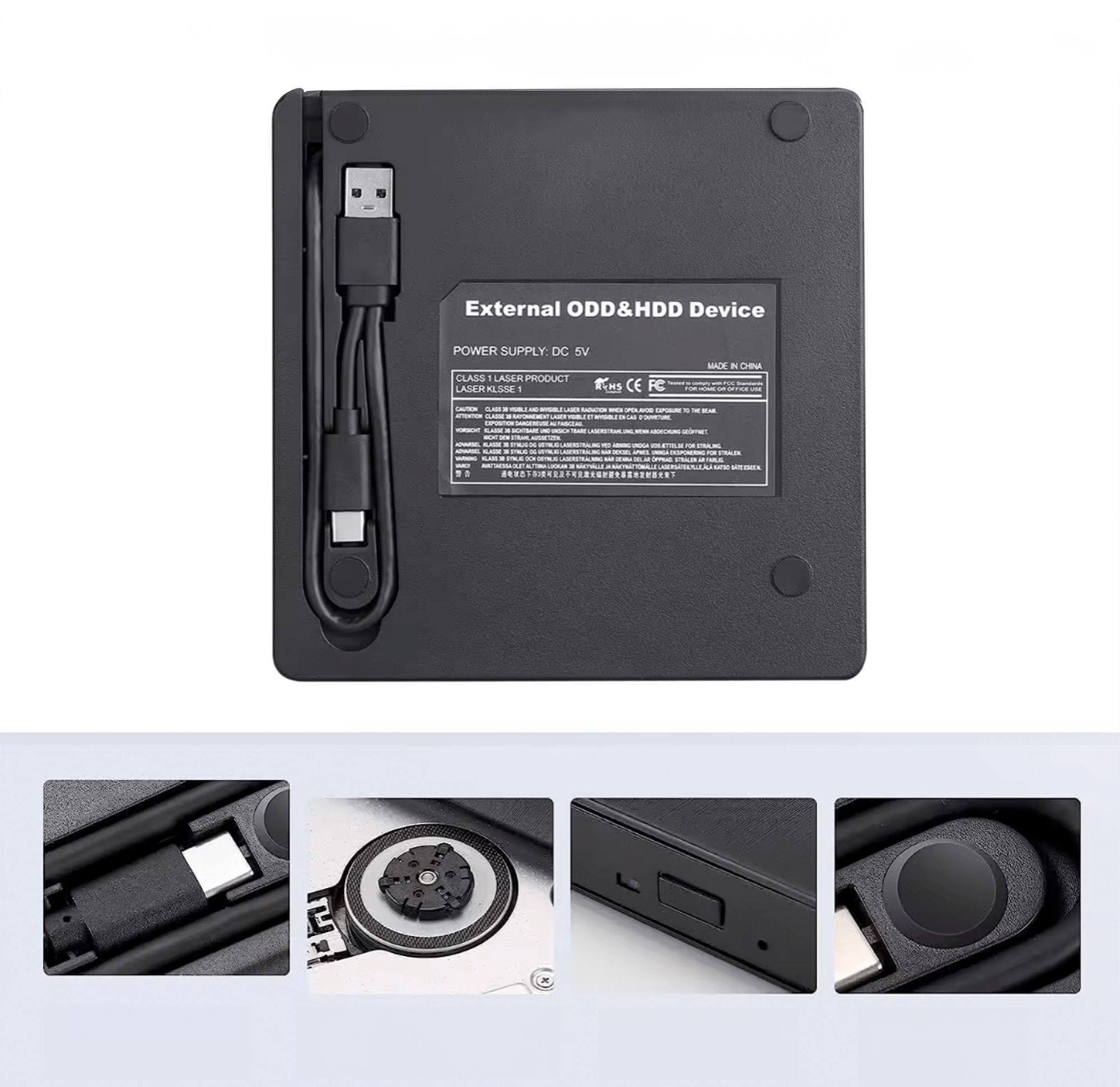 Czarny zewnętrzny napęd z etykietą \'External ODD&HDD Device\' oraz kablem USB-C. Na dole widoczne są cztery zbliżenia na różne elementy napędu, w tym port USB i mechanizm wewnętrzny.