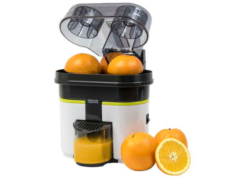 Wyciskarka do cytrusów CECOTEC Cecojuicer Zitrus zdjęcie lifestyle Dwie połówki naraz Przygotowanie soku zajmuje mało czasu dwóch połówek pomarańczy Wbudowany nożyk w pokrywie 