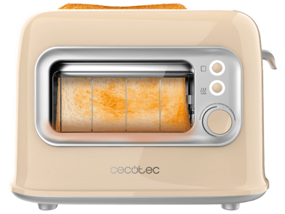 Beżowy toster z przezroczystym panelem, przez który widać opiekany chleb. Na obudowie znajduje się logo \'cecotec\' oraz przyciski sterujące.