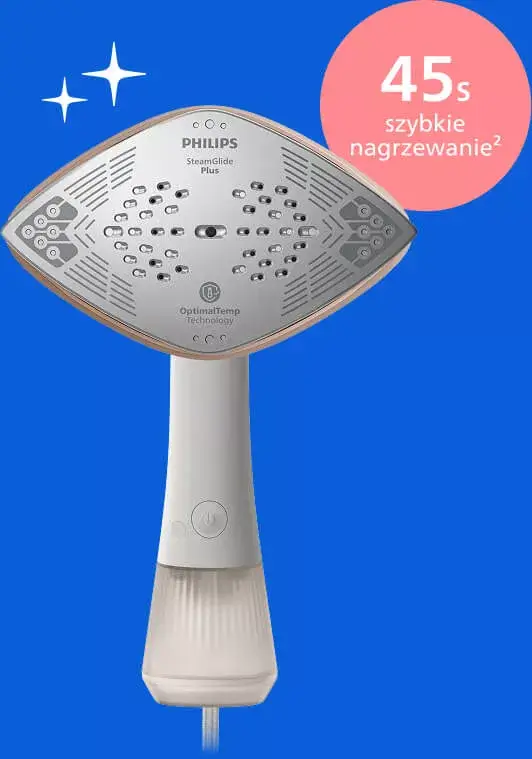 Na niebieskim tle widoczna jest parownica do ubrań z napisem \'PHILIPS SteamGlide Plus\' oraz \'OptimalTemp Technology\'. Obok znajduje się różowe kółko z tekstem \'45s szybkie nagrzewanie²\'.