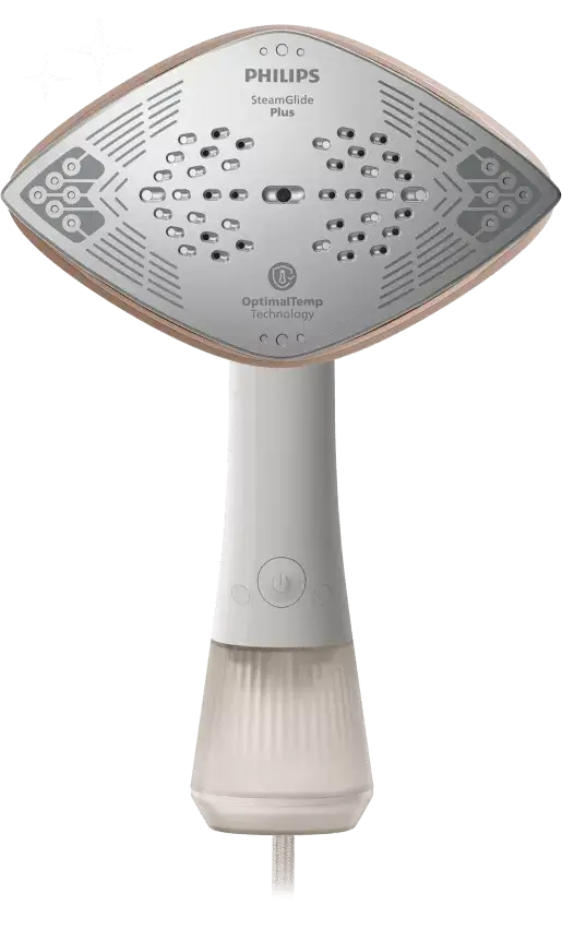 Na obrazie widoczna jest parownica do ubrań z metalową stopą z otworami i napisem \'PHILIPS SteamGlide Plus\'. Poniżej znajduje się logo \'OptimalTemp Technology\'.