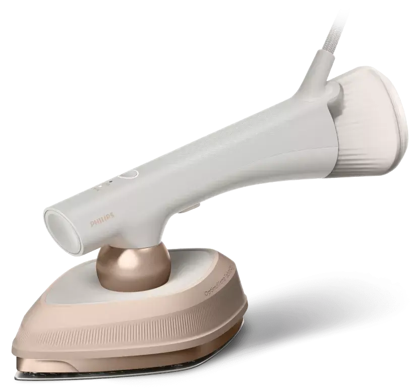 Na obrazie widoczna jest parownica do ubrań w kolorze białym i złotym. Na uchwycie znajduje się napis \'PHILIPS\'.