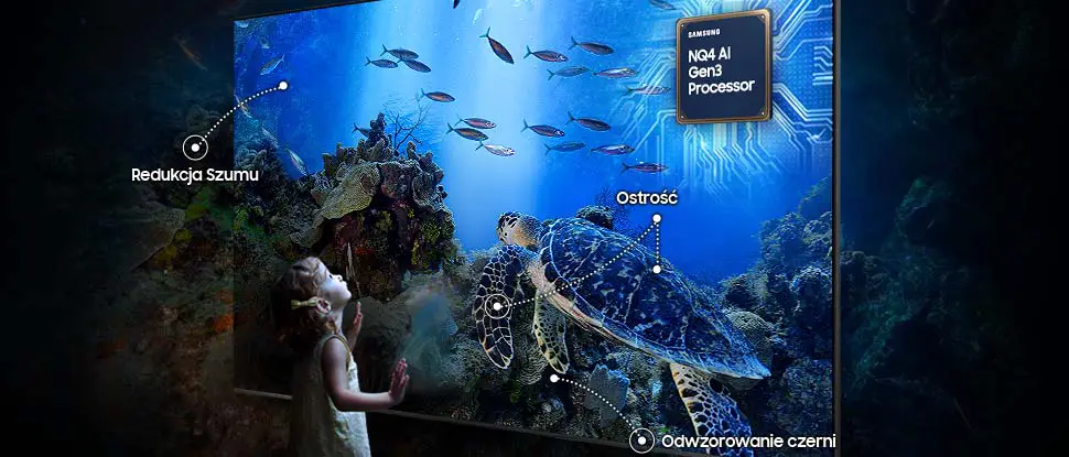 Chłopiec patrzy na żółwia w TV, gdzie ostrość, redukcja szumów, odwzorowanie czerni są poprawione przez procesor NQ4 AI Gen3
