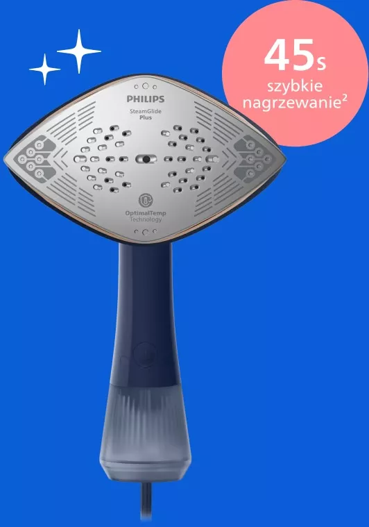 Na niebieskim tle widoczna jest parownica do ubrań z napisem \'PHILIPS SteamGlide Plus\' oraz \'OptimalTemp Technology\'. Obok znajduje się różowe kółko z tekstem \'45s szybkie nagrzewanie\'.
