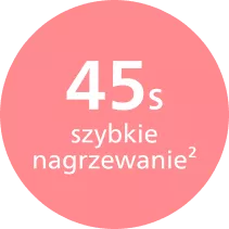 Różowe koło z białym tekstem: \'45s szybkie nagrzewanie²\'.
