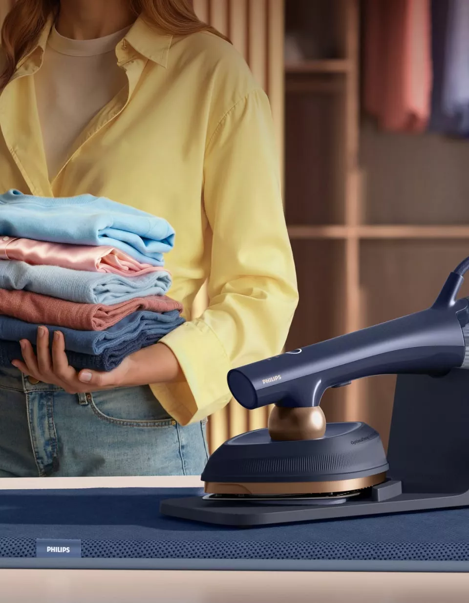 Osoba w żółtej koszuli trzyma stos złożonych ubrań. Obok znajduje się parownica do ubrań z widocznym logo PHILIPS.