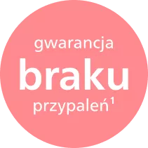 Różowe koło z białym tekstem: \'gwarancja braku przypaleń¹\'.