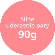 Różowe koło z białym tekstem: \'Silne uderzenie pary 90g\'.