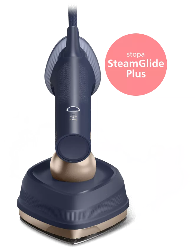 Na obrazie widoczna jest parownica do ubrań w kolorze granatowym z elementami złotymi. Obok znajduje się różowe kółko z napisem \'stopa SteamGlide Plus\'.
