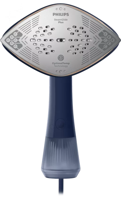 Na obrazie widoczna jest parownica do ubrań z metalową stopą z otworami i napisem \'PHILIPS SteamGlide Plus\'. Poniżej znajduje się napis \'OptimalTemp Technology\'.