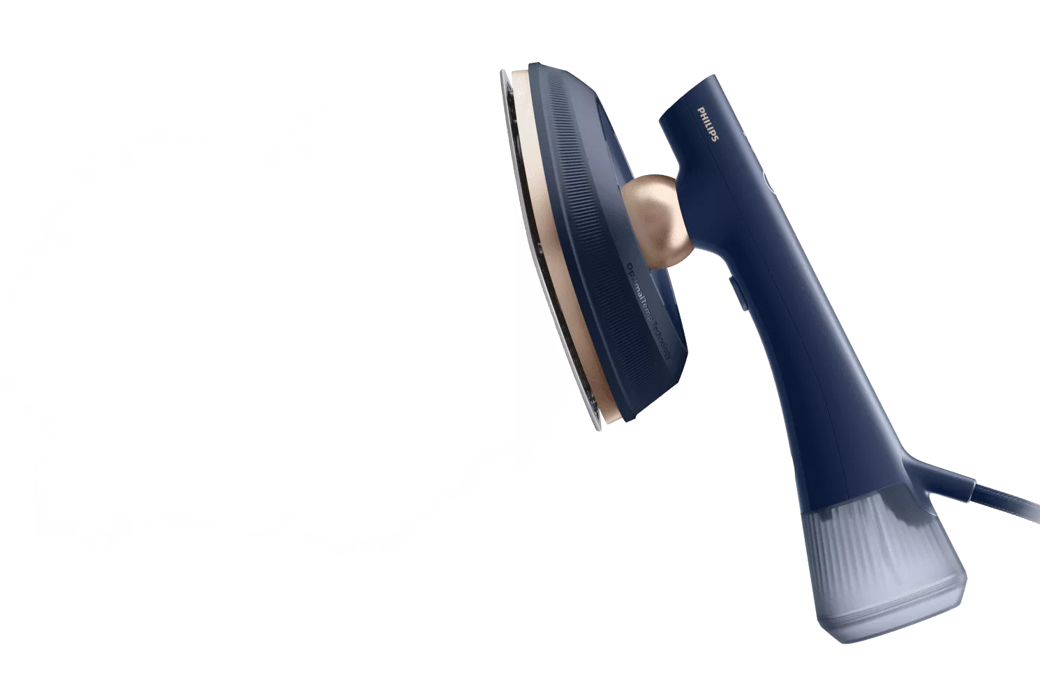 Na obrazie widoczna jest parownica do ubrań w kolorze granatowym z elementami złotymi. Na uchwycie znajduje się logo \'PHILIPS\'.