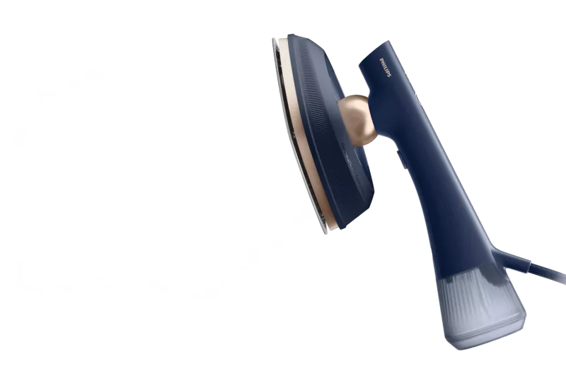 Na obrazie widoczna jest parownica do ubrań w kolorze granatowym z beżowym uchwytem. Na urządzeniu znajduje się logo \'PHILIPS\'.