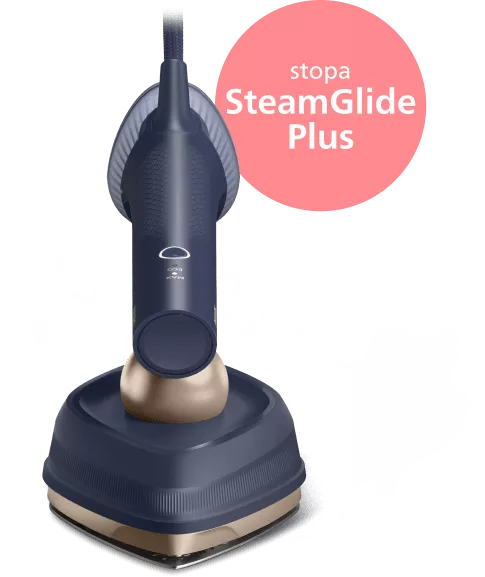 Na obrazie widoczna jest parownica do ubrań w kolorze granatowym z elementami złotymi. Obok znajduje się różowe koło z napisem \'stopa SteamGlide Plus\'.