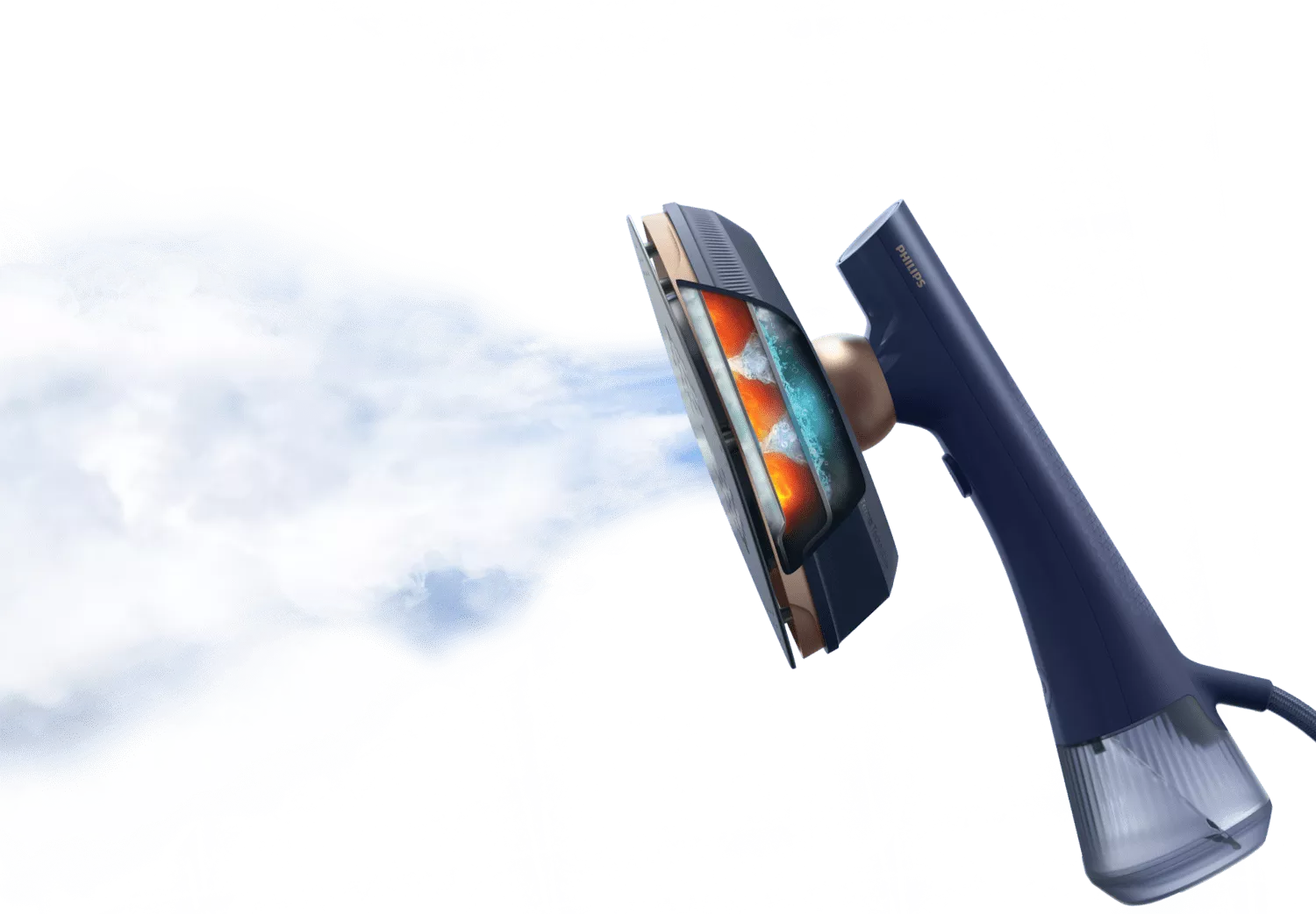 Na obrazie widoczna jest parownica do ubrań w kolorze granatowym, z której wydobywa się strumień pary. Na uchwycie znajduje się logo \'Philips\'.