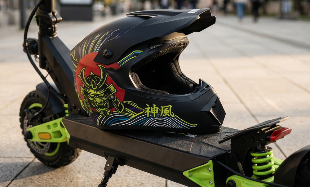 Kask KAMIKAZE Tokyo Drift Czarny Full Face (rozmiar XL) hulajnoga chodnik zbliżenie na podest na podeście leży kask widoczny od przodu pod skosem kask typu full face większa ochrona do jazdy na hulajnodze elektrycznej rowerze MTB kartingu jazdy ATV wspiera użytkownika w codziennym przemieszczaniu się kontrola bezpieczeństwo