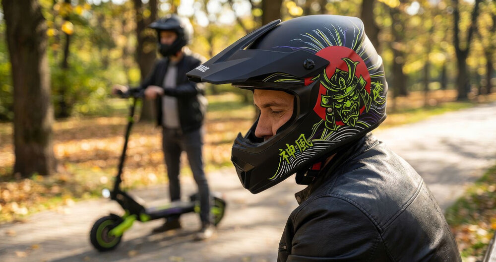 Kask KAMIKAZE Tokyo Drift Czarny Full Face (rozmiar XL) osoba w kasku widoczna z boku w tle osoba w kasku na hulajnodze droga rowerowa park drzewa konstrukcja full face osłania czaszkę twarz i szczękę zmniejsza ryzyko urazów w newralgicznych obszarach