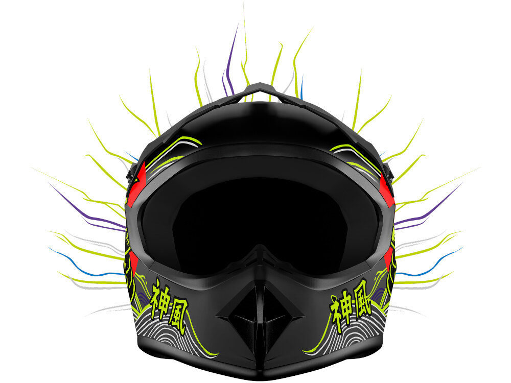 Kask KAMIKAZE Tokyo Drift Czarny Full Face (rozmiar XL) kask na białym tle widoczny od przodu wokół kolorowe grafiki wewnętrzna warstwa EPS pochłania energię uderzenia wspiera ochronę w sytuacjach awaryjnych miękka wyściółka wewnętrzna wygoda ogranicza ucisk i wspiera dopasowanie do głowy