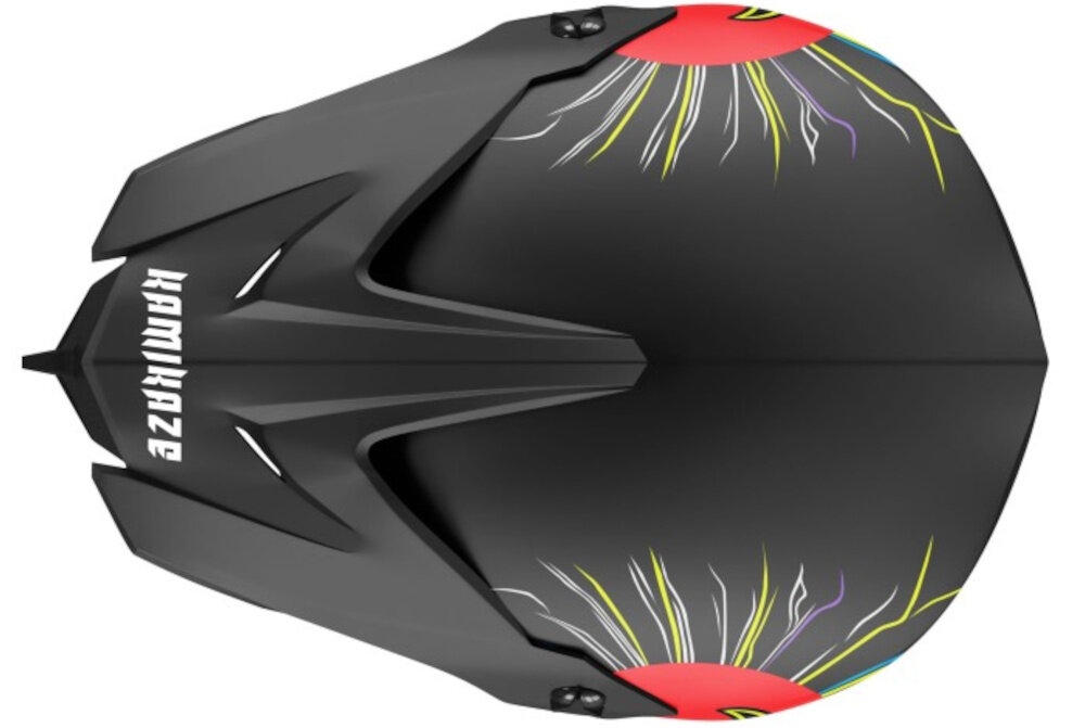 Kask KAMIKAZE Tokyo Drift Czarny Full Face (rozmiar XL) kask na białym tle widoczny z góry zapięcie mikrometryczne szybkie i dokładne dopasowanie bez konieczności zdejmowania rękawic skraca czas zakładania i zdejmowania daszek dodatkowo chroni przed słońcem i drobnymi zanieczyszczeniami komfort widzenia i bezpieczeństwo