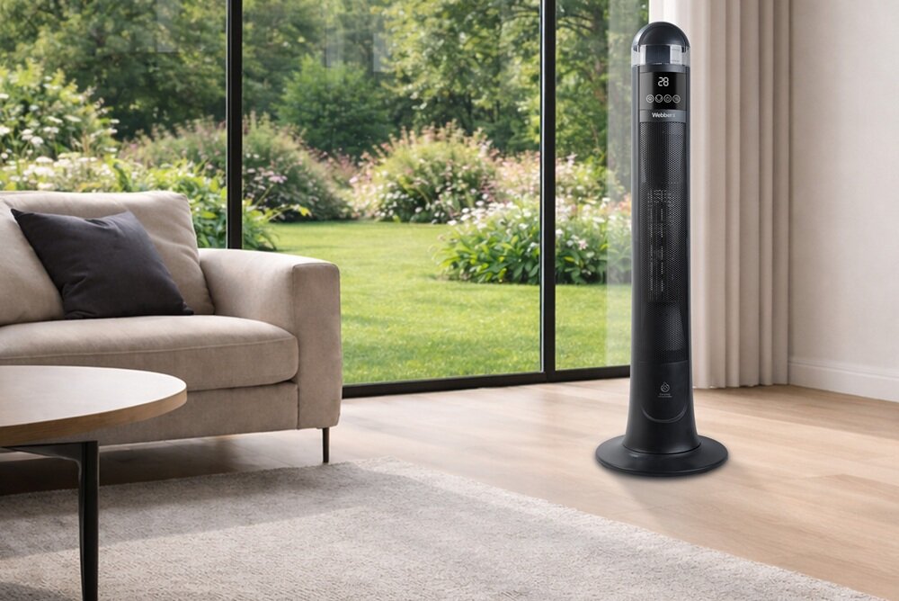 W salonie z dużym oknem stoi czarny, smukły grzejnik ceramiczny z wyświetlaczem pokazującym temperaturę 28. Obok znajduje się beżowa sofa z ciemną poduszką, a za oknem widoczny jest zielony ogród.