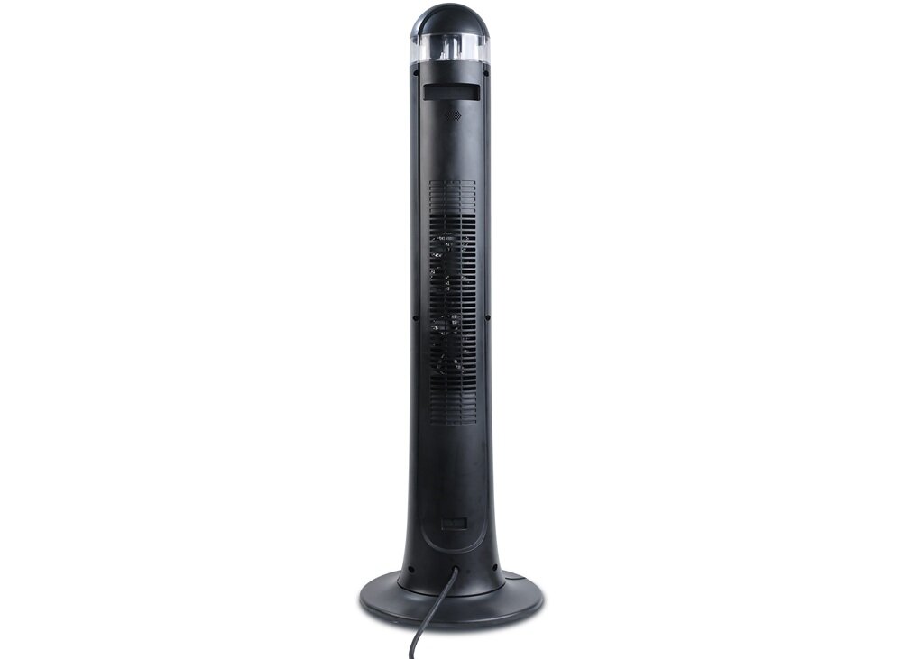 Czarny, wysoki grzejnik ceramiczny o smukłej konstrukcji z widocznym przewodem zasilającym u podstawy. Na tylnej części urządzenia znajduje się kratka wentylacyjna.